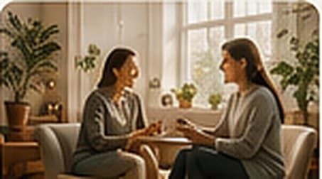 Illustration: two people in warm conversation by a window.