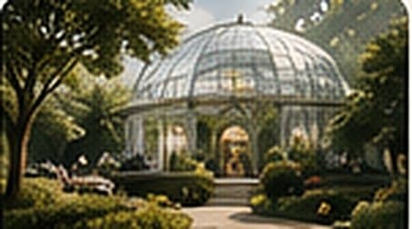 Illustration: a glass conservatory pavilion among gardens.