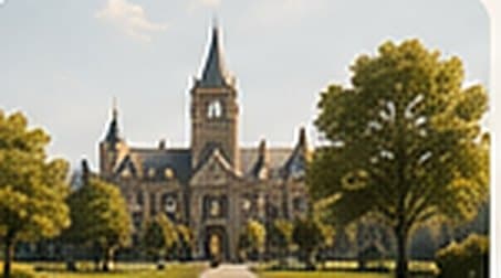 Illustration: a collegiate library with spires above mature trees.