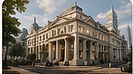 Illustration: a classical civic hall with a stone colonnade.