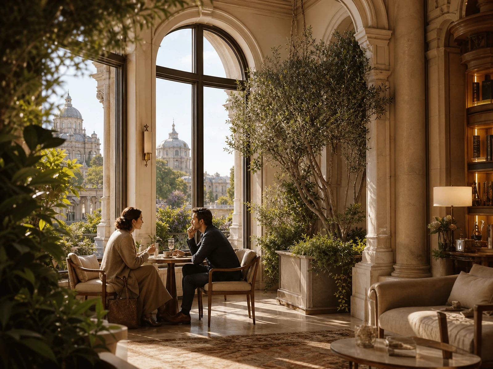 Illustration: two people in warm conversation by a window.