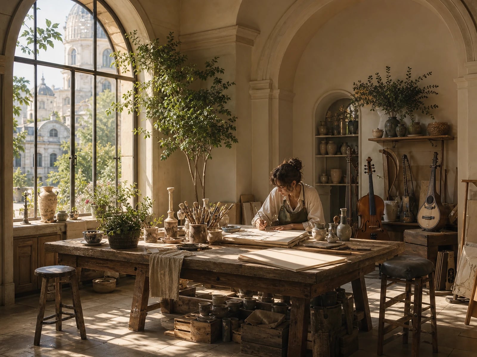 Illustration: a warm maker’s studio with a tall window.