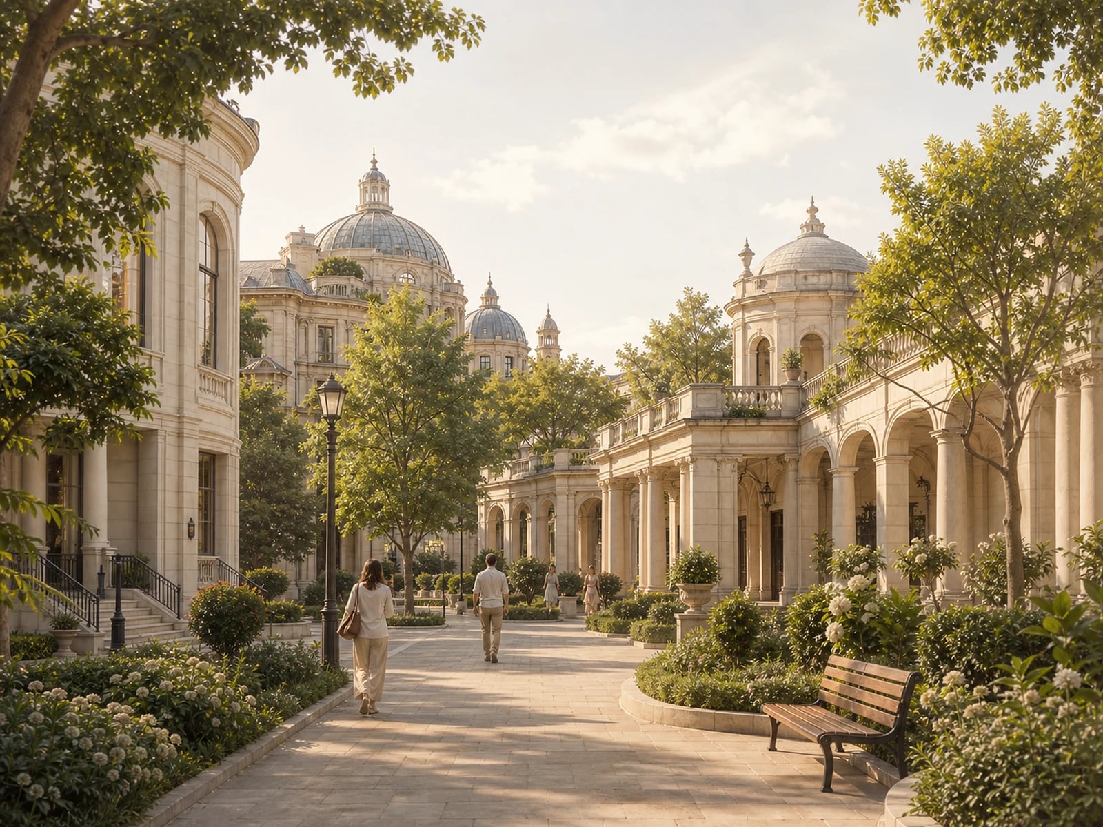 Illustration: a calm colonnaded civic commons with gardens in warm morning light.