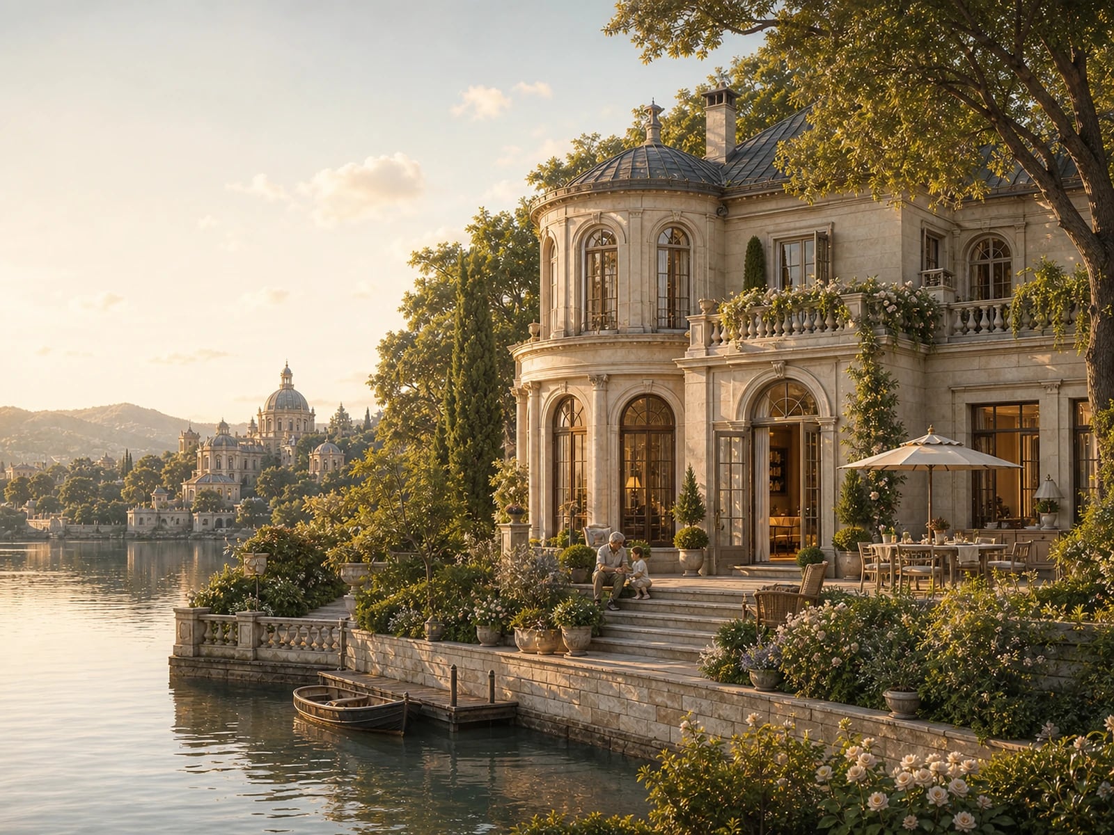 Illustration: a warm domestic house with mature gardens in afternoon light.