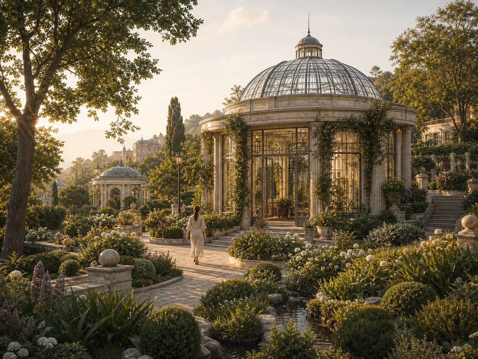 Illustration: a glass conservatory pavilion among gardens.