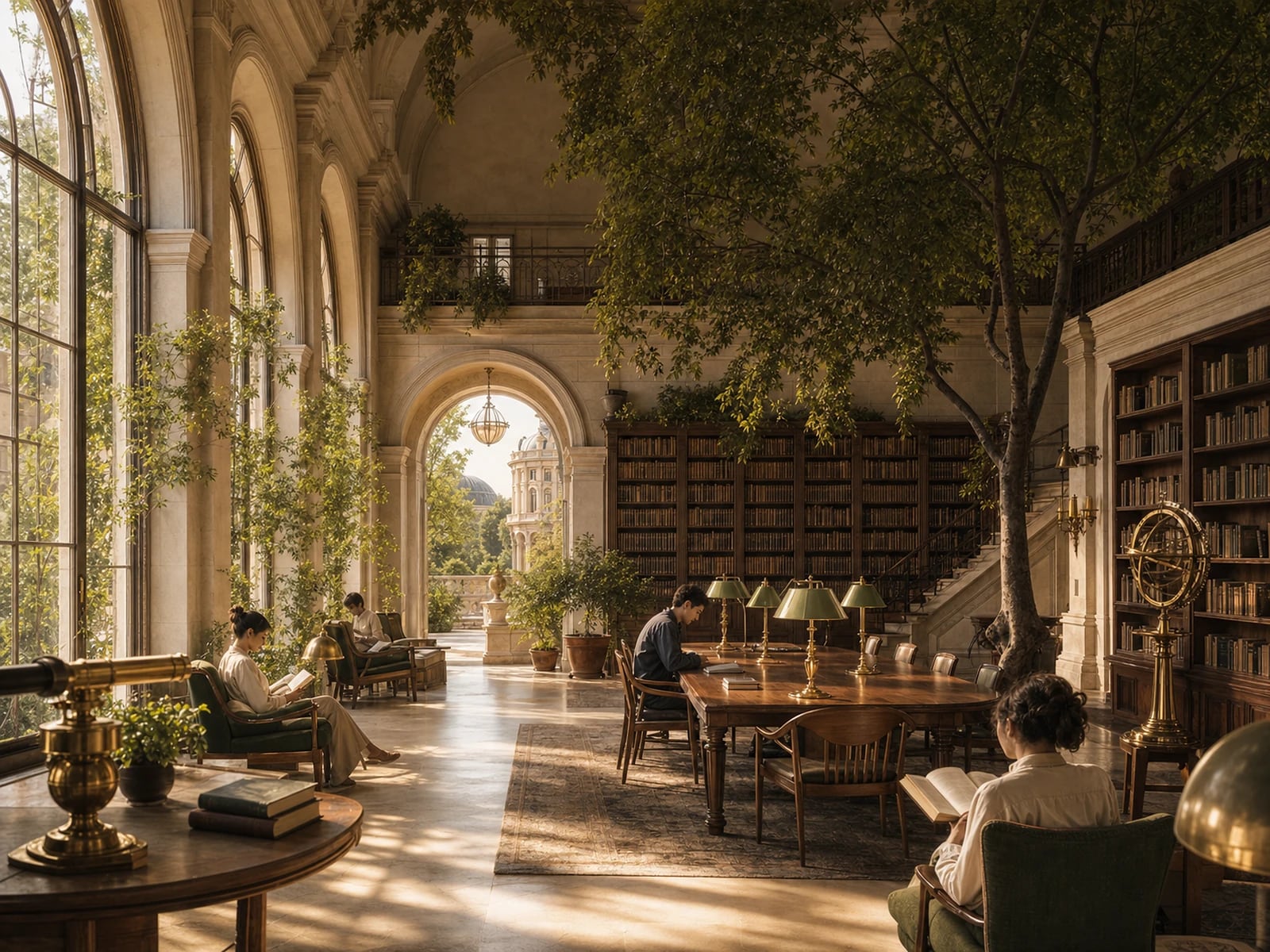 Illustration: a quiet garden library reading room with tall windows and mature indoor trees.