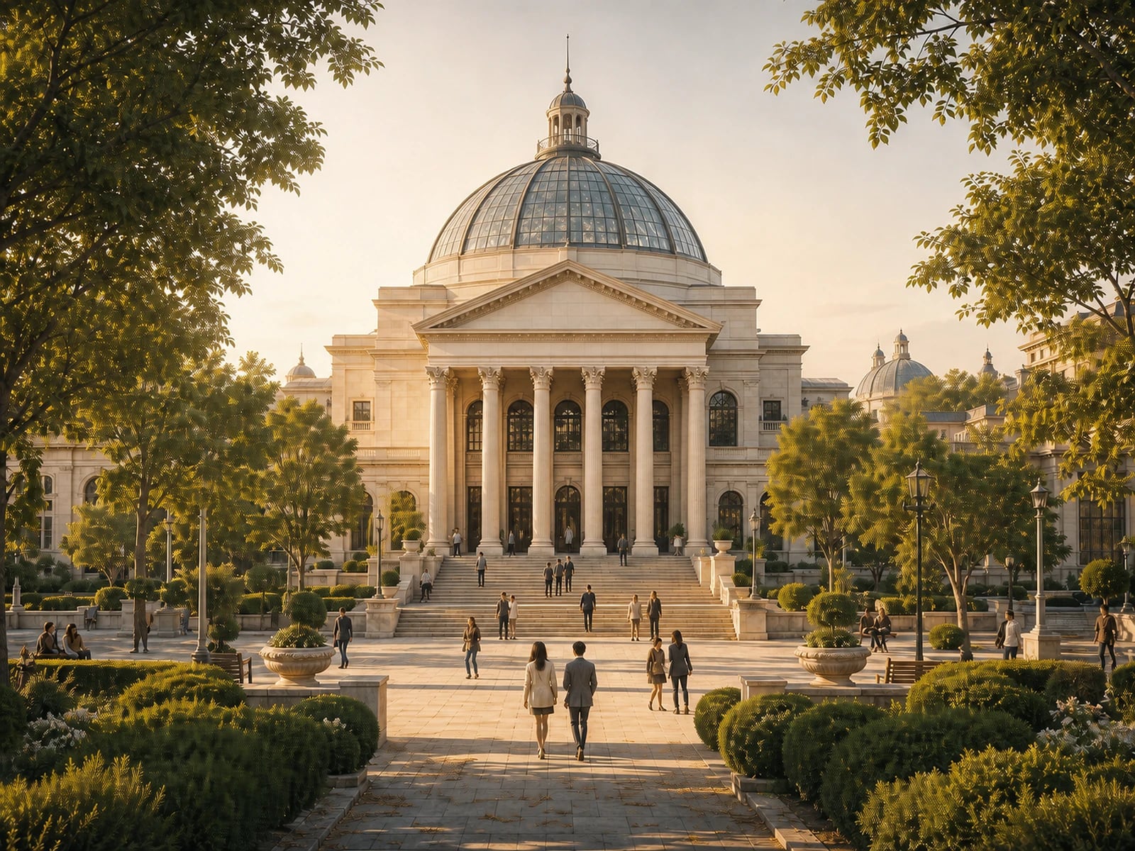 Illustration: a classical civic hall with a stone colonnade.