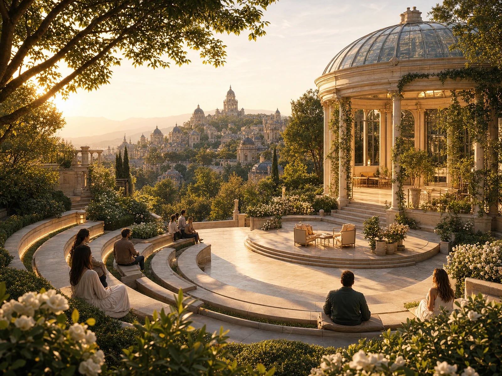 Illustration: a light-filled garden amphitheatre and story pavilion at golden hour.