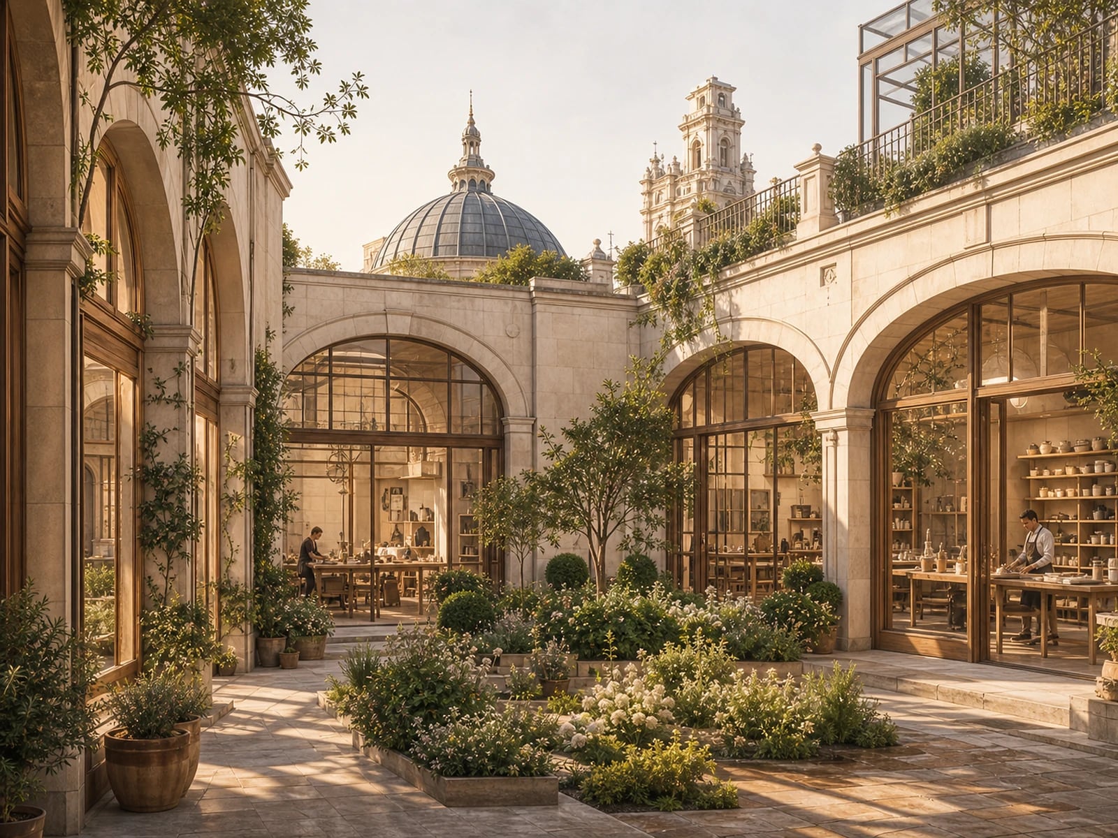 Illustration: a refined workshop court with planted gardens and sunlit ateliers.