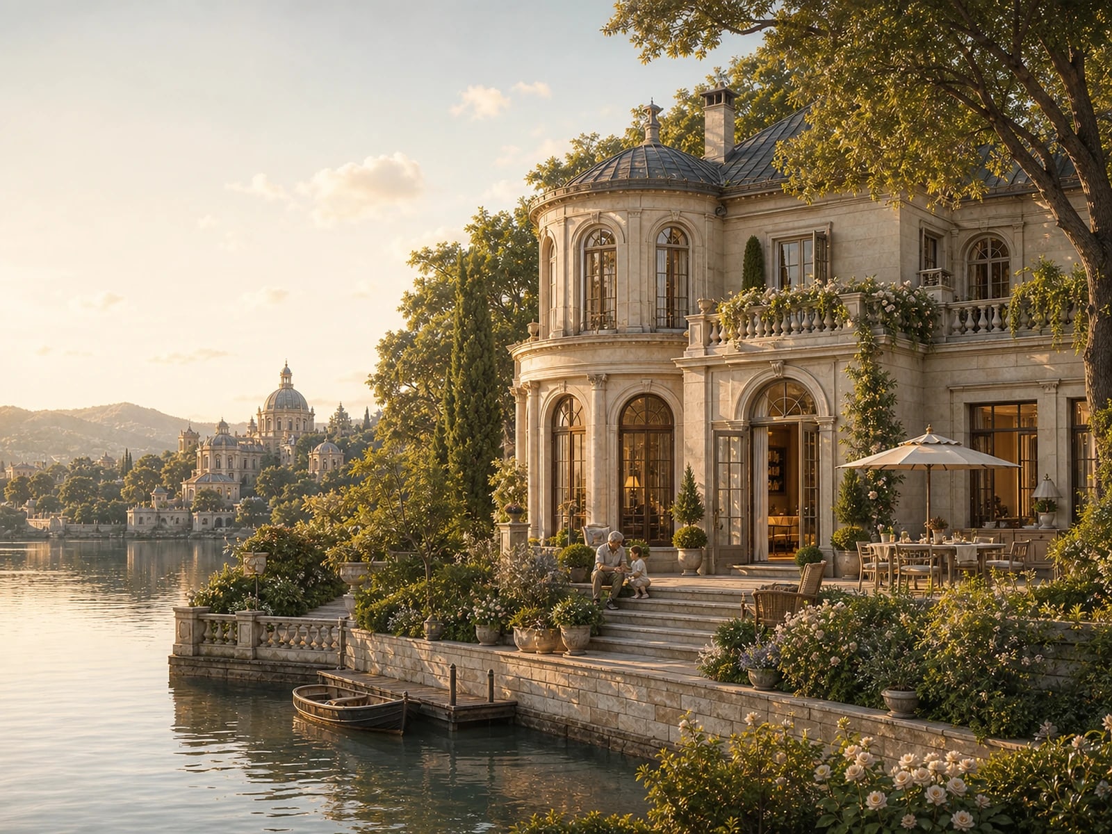 Illustration: a warm domestic house with mature gardens in afternoon light.