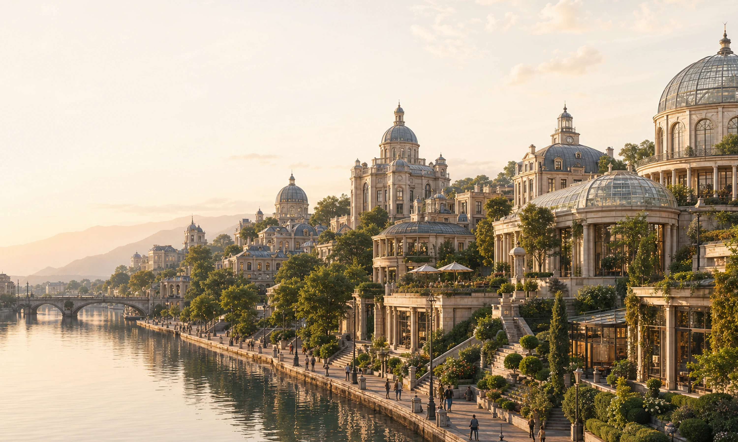 Illustration: an elegant garden city of domed civic buildings and conservatories beside calm water at golden hour.
